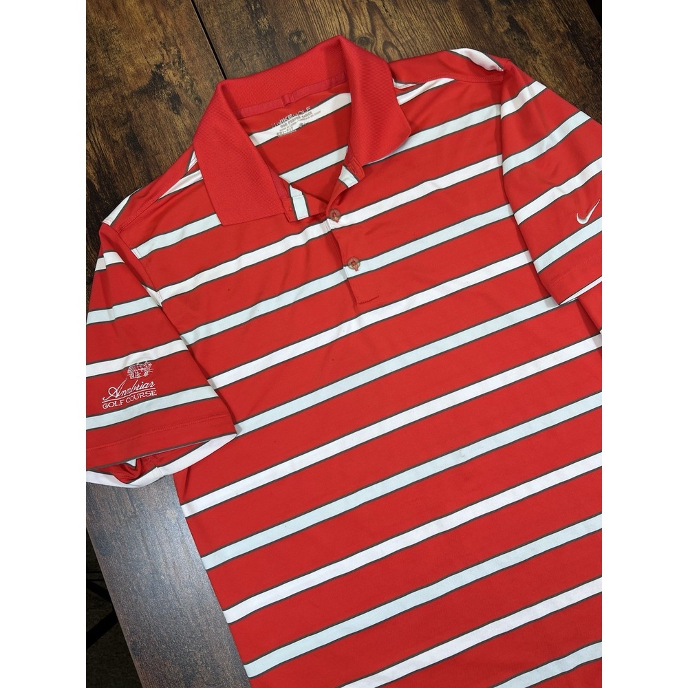 Nike Golf Mens Dri-FIT Striped Polo Shirt Red White Annbriar Golf Course Size L